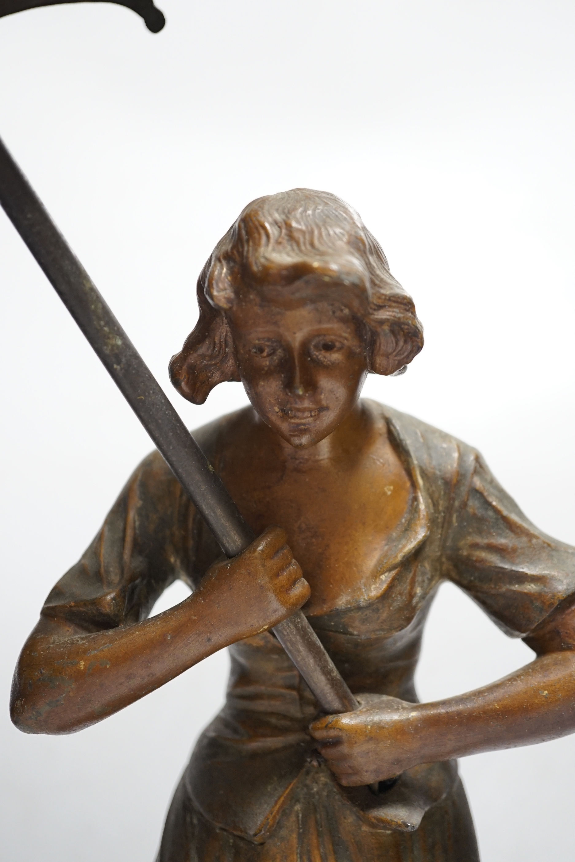 A spelter Art Nouveau-style figural table lamp, lady with an umbrella, 46cm high